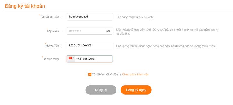 Điền thông tin tài khoản