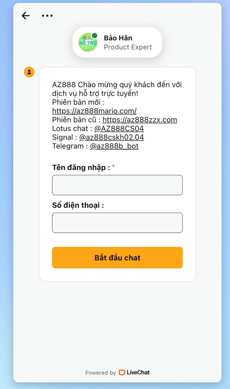 Liên hệ AZ888 qua chat trực tuyến (LiveChat)
