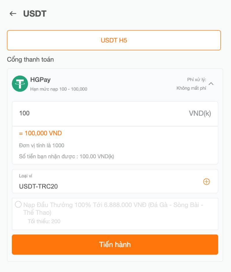 Nạp tiền qua USDT – Thanh toán tiền mã hóa