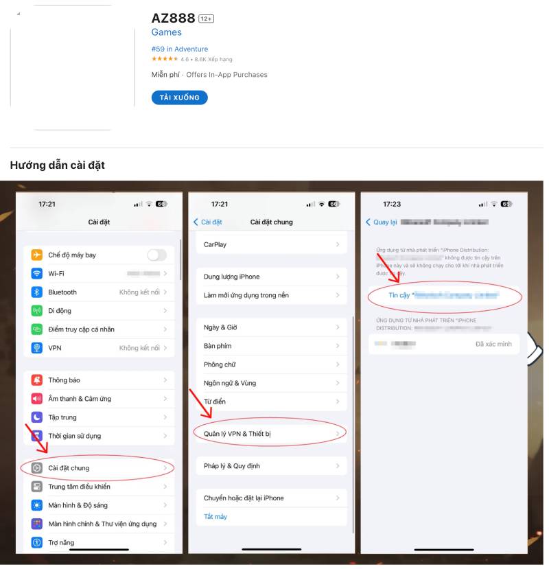 Quy trình cài đặt app AZ888 cho iOS